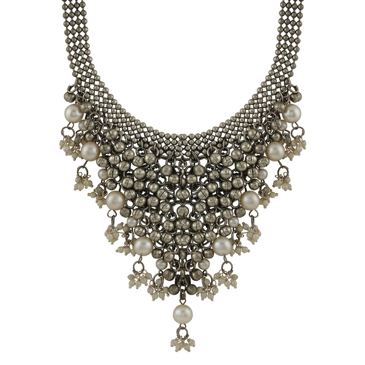 Ruksaar Silver Oxidised Pearl Necklace Set