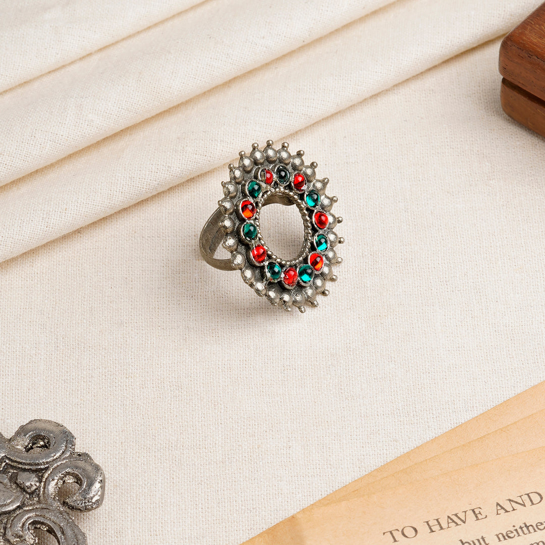 Nila Silver Oxidised Red and Green Stone Ring