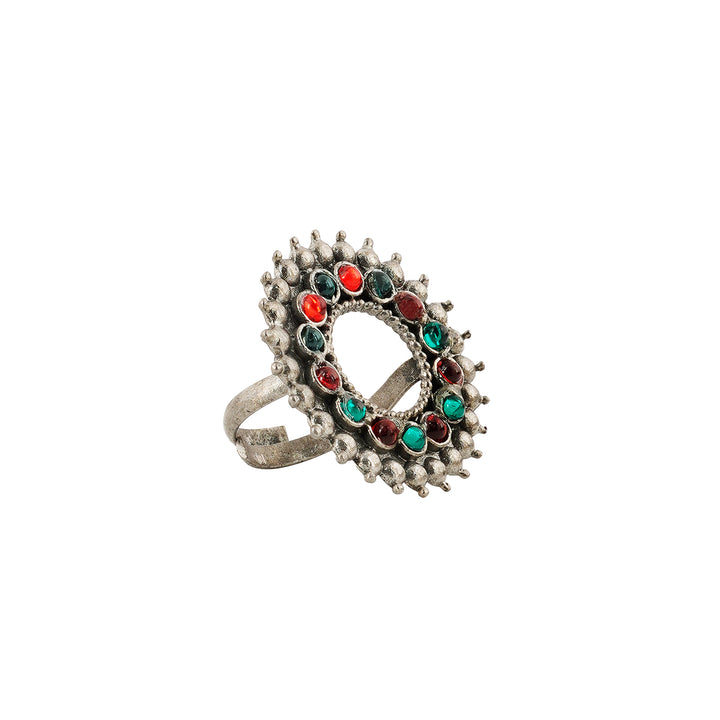 Nila Silver Oxidised Red and Green Stone Ring