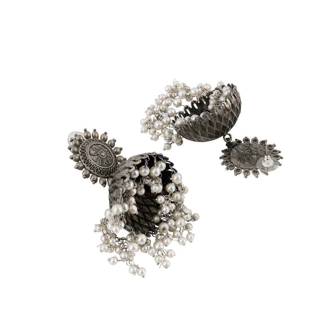 Vedha Silver Oxidised Pearl Earring