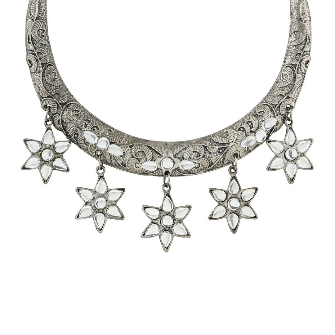 Dravya Silver Oxidised White stone  Necklace Set