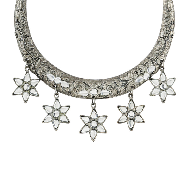 Dravya Silver Oxidised White stone  Necklace Set