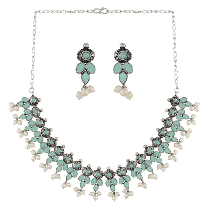 Nishan Silver Oxidised Turquoise Stone and Pearl Necklace Set