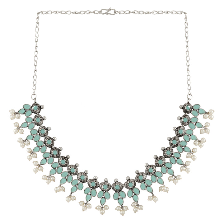 Nishan Silver Oxidised Turquoise Stone and Pearl Necklace Set