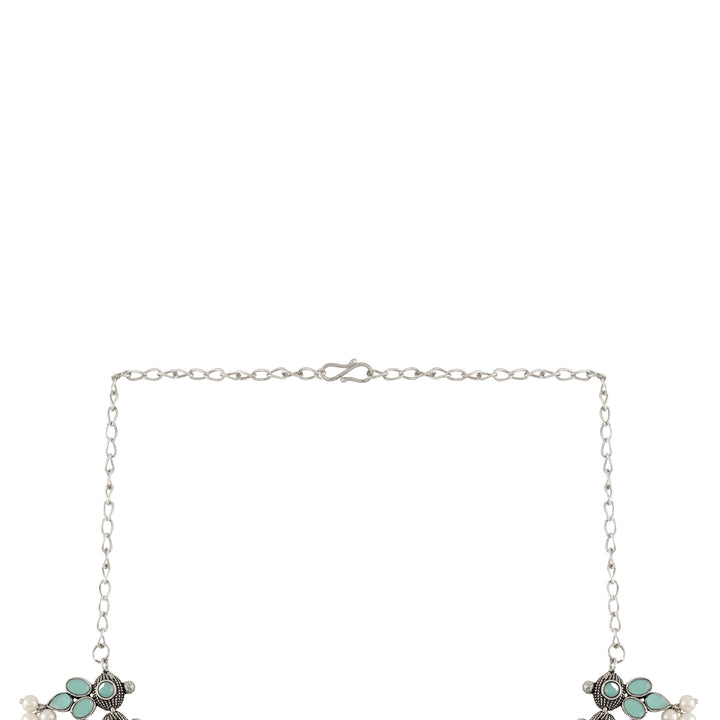 Nishan Silver Oxidised Turquoise Stone and Pearl Necklace Set
