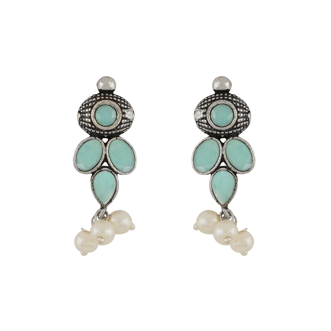 Nishan Silver Oxidised Turquoise Stone and Pearl Necklace Set