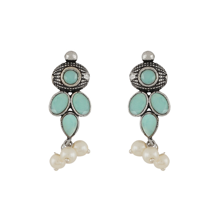 Nishan Silver Oxidised Turquoise Stone and Pearl Necklace Set