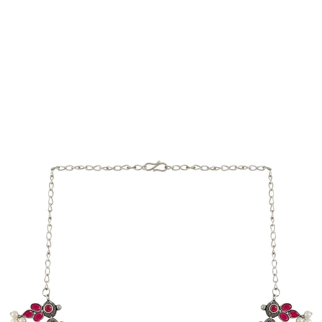Nishan Silver Oxidised Red Stone and Pearl Necklace Set