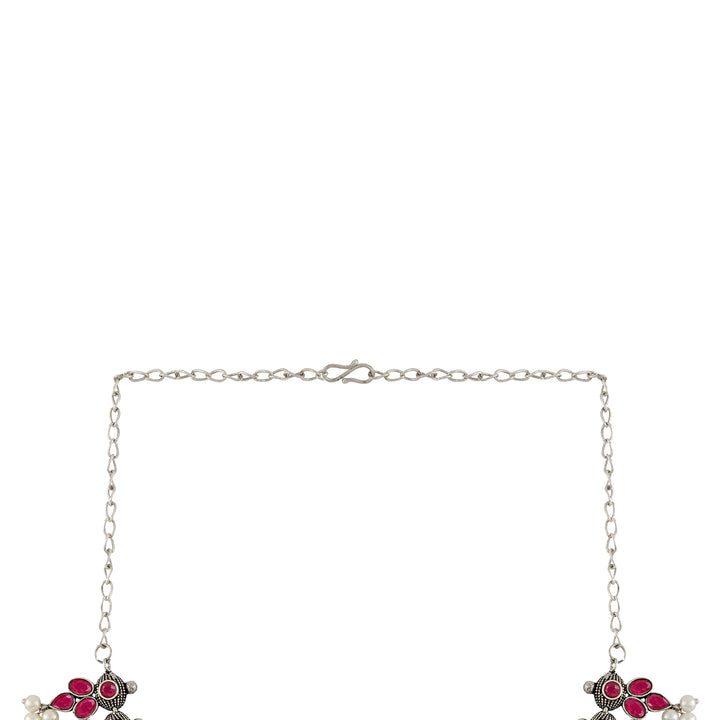 Nishan Silver Oxidised Red Stone and Pearl Necklace Set