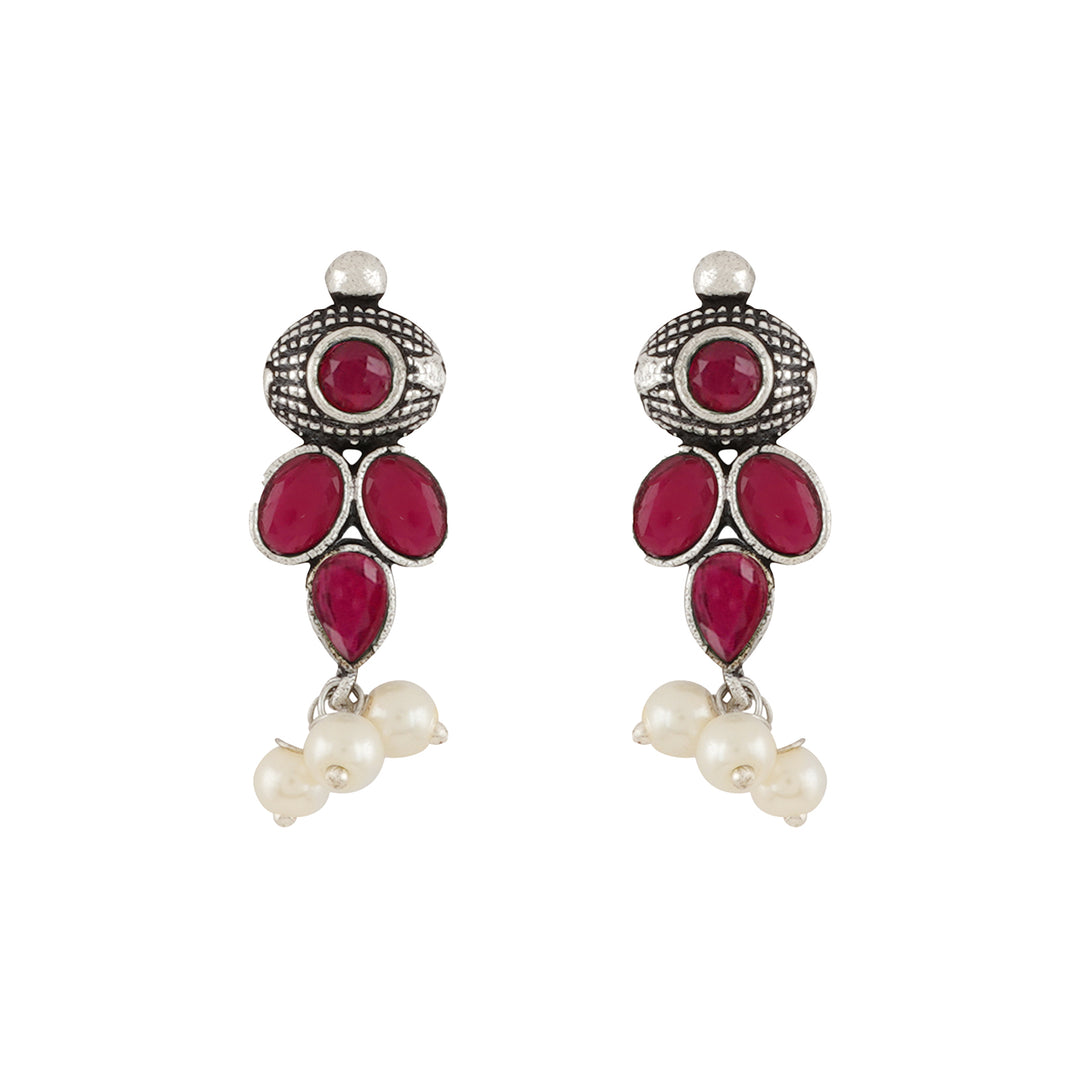 Nishan Silver Oxidised Red Stone and Pearl Necklace Set