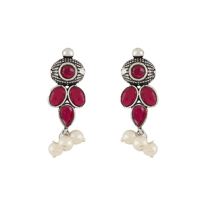 Nishan Silver Oxidised Red Stone and Pearl Necklace Set