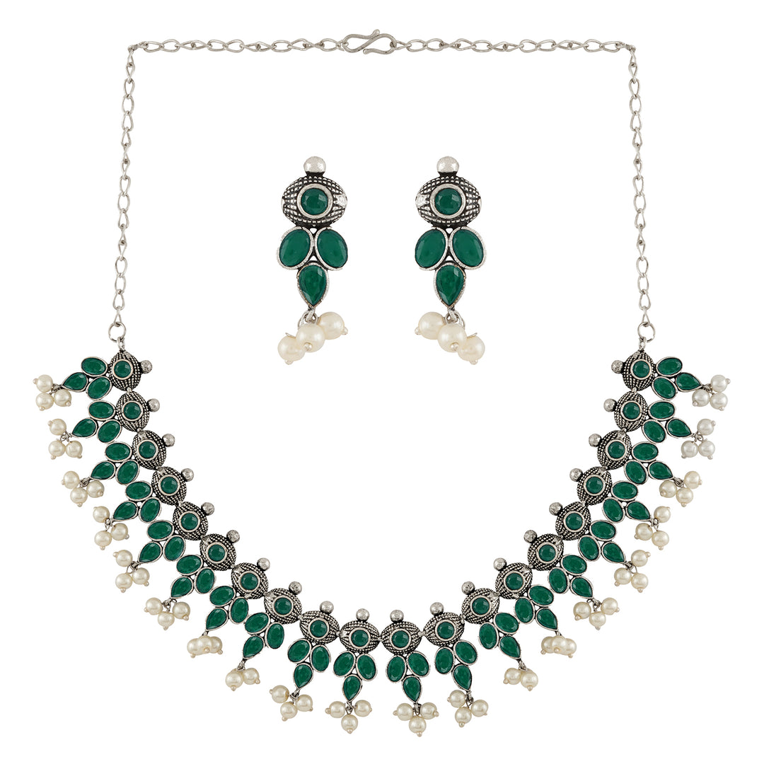 Nishan Silver Oxidised Green Stone and Pearl Necklace Set