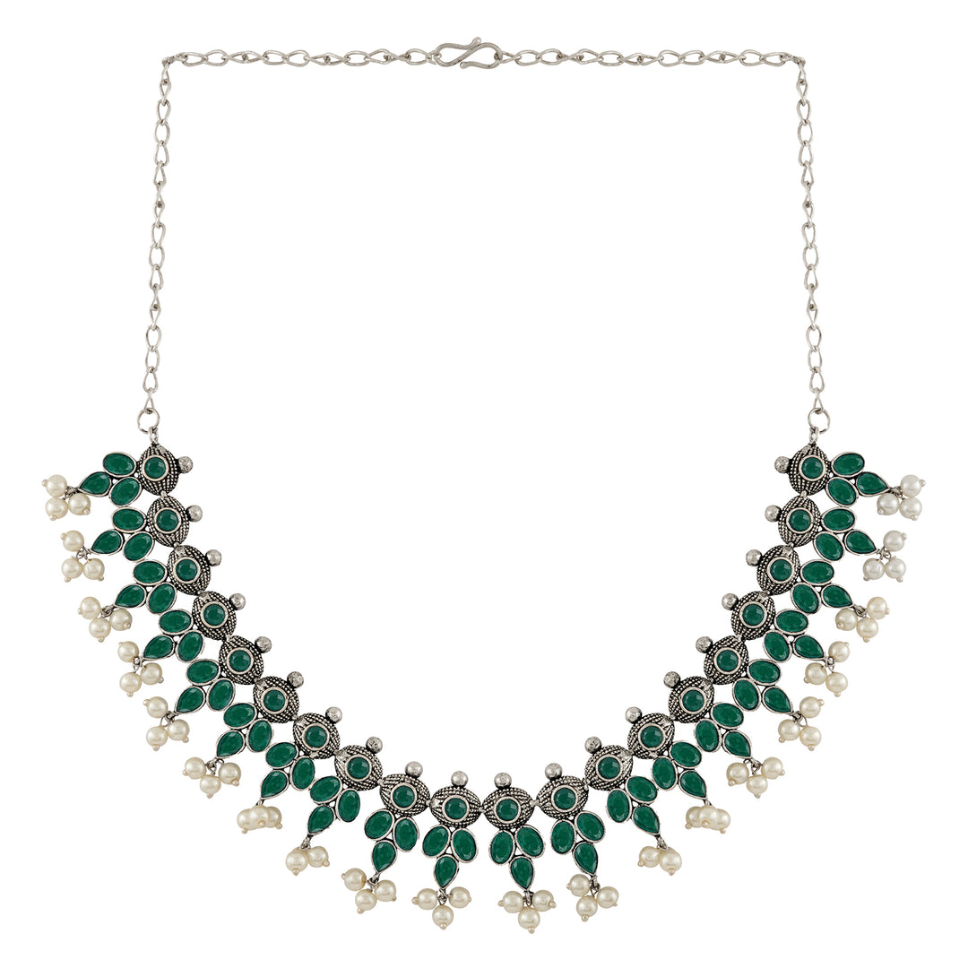 Nishan Silver Oxidised Green Stone and Pearl Necklace Set