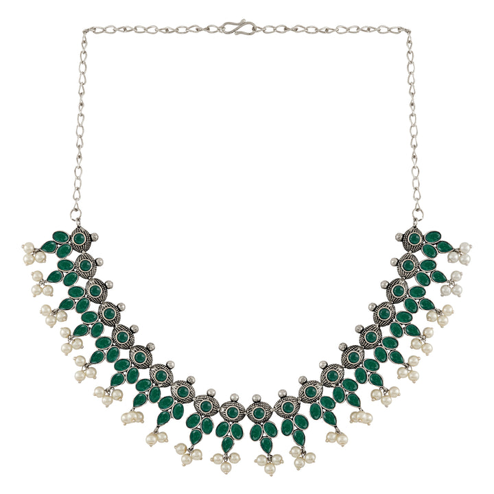 Nishan Silver Oxidised Green Stone and Pearl Necklace Set