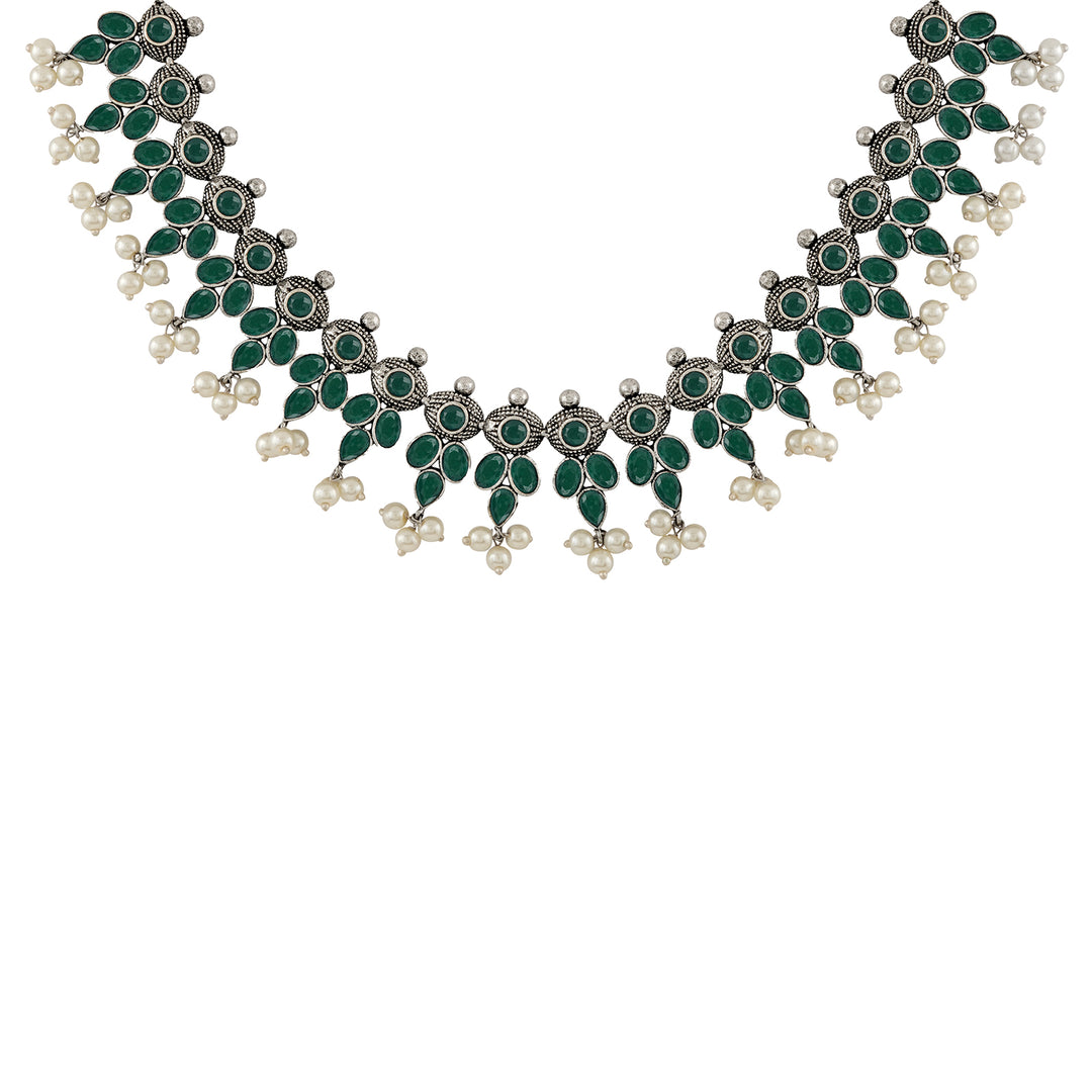 Nishan Silver Oxidised Green Stone and Pearl Necklace Set