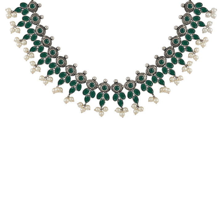 Nishan Silver Oxidised Green Stone and Pearl Necklace Set