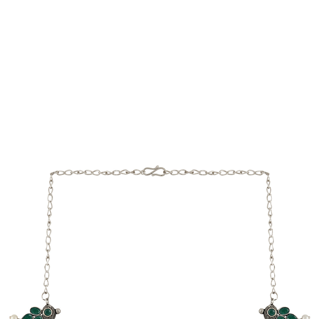 Nishan Silver Oxidised Green Stone and Pearl Necklace Set