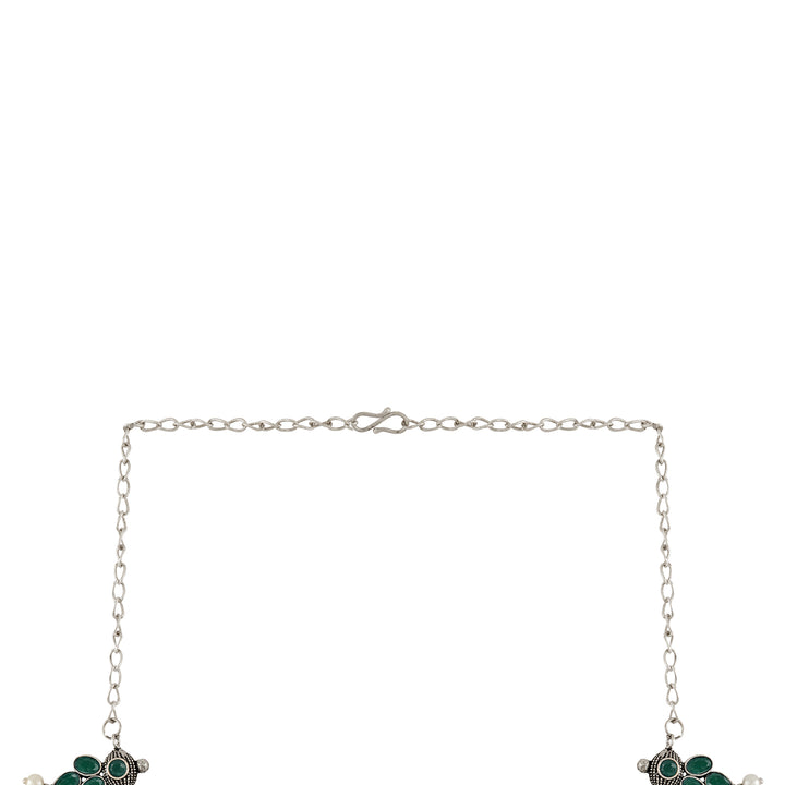 Nishan Silver Oxidised Green Stone and Pearl Necklace Set