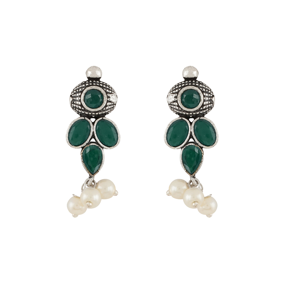 Nishan Silver Oxidised Green Stone and Pearl Necklace Set