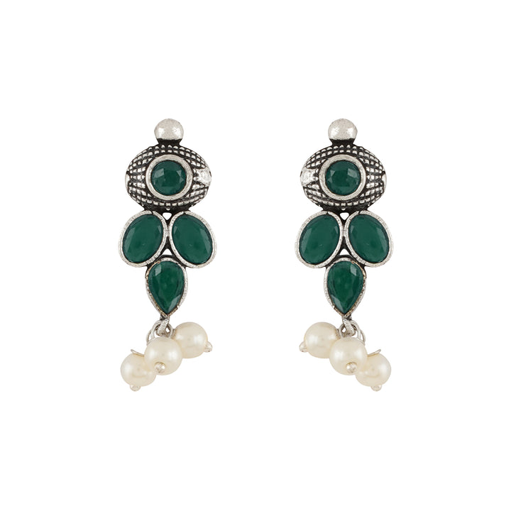 Nishan Silver Oxidised Green Stone and Pearl Necklace Set