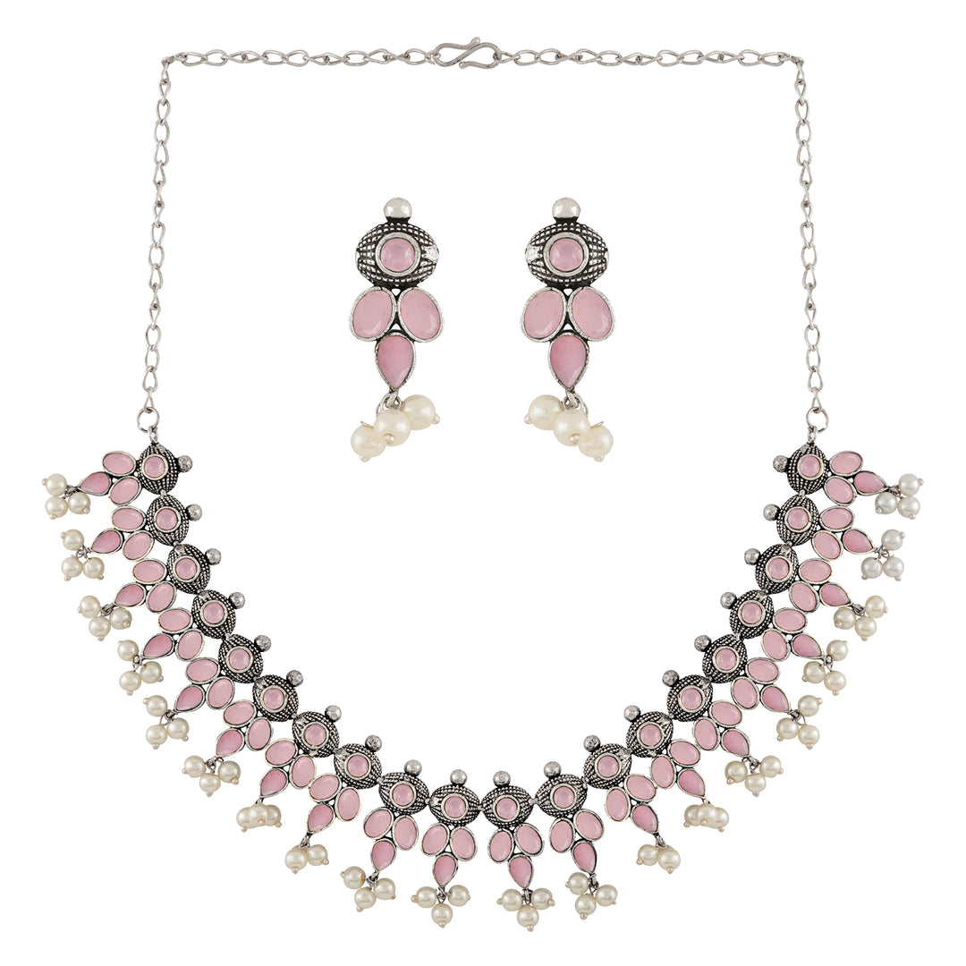 Nishan Silver Oxidised Pink Stone and Pearl Necklace Set