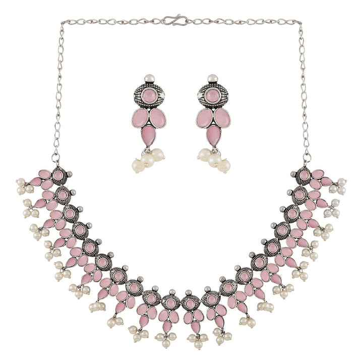 Nishan Silver Oxidised Pink Stone and Pearl Necklace Set