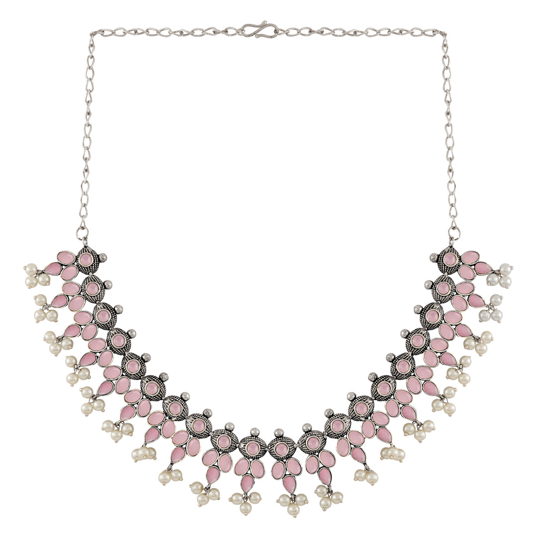 Nishan Silver Oxidised Pink Stone and Pearl Necklace Set
