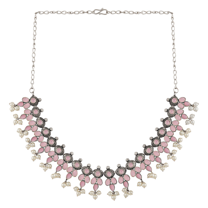 Nishan Silver Oxidised Pink Stone and Pearl Necklace Set