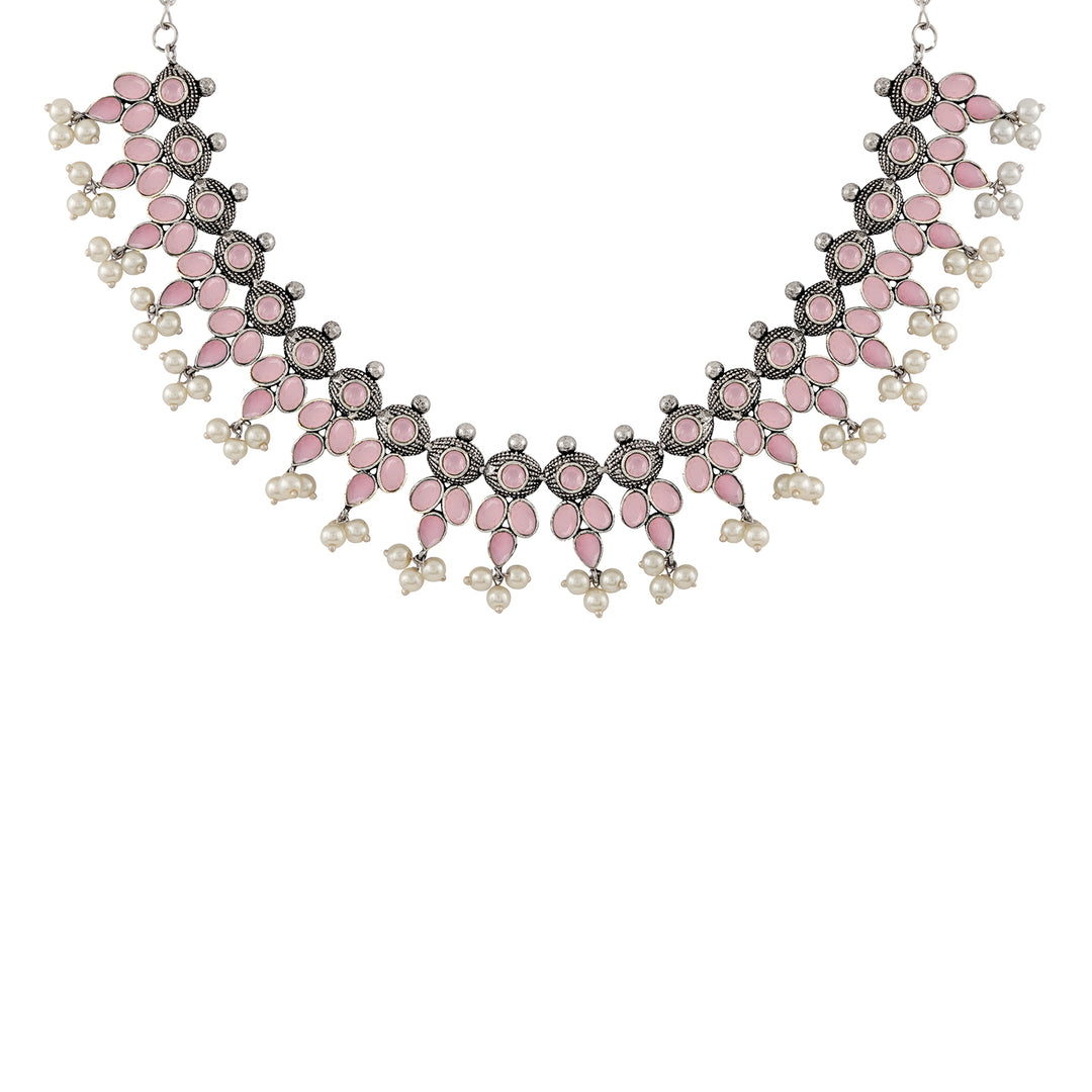 Nishan Silver Oxidised Pink Stone and Pearl Necklace Set