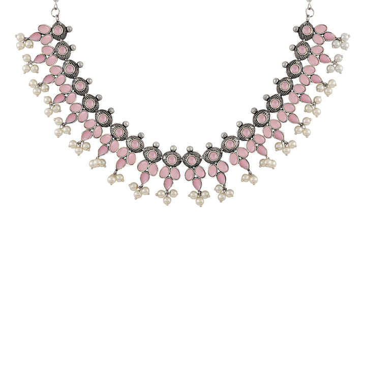 Nishan Silver Oxidised Pink Stone and Pearl Necklace Set