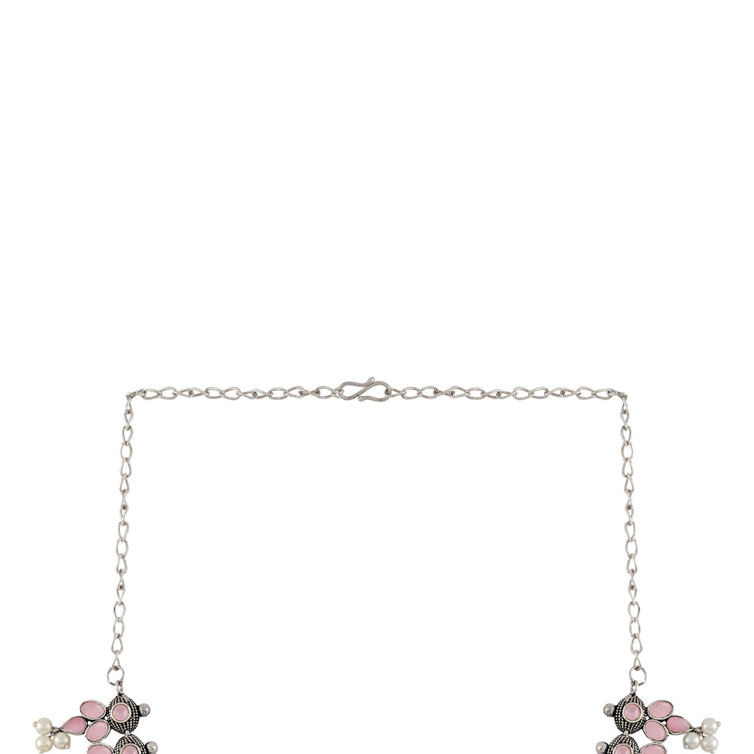 Nishan Silver Oxidised Pink Stone and Pearl Necklace Set