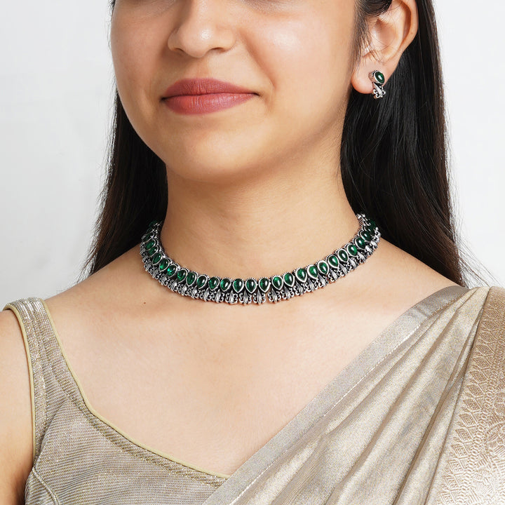 Teejh Silver Green Blossom Necklace Set