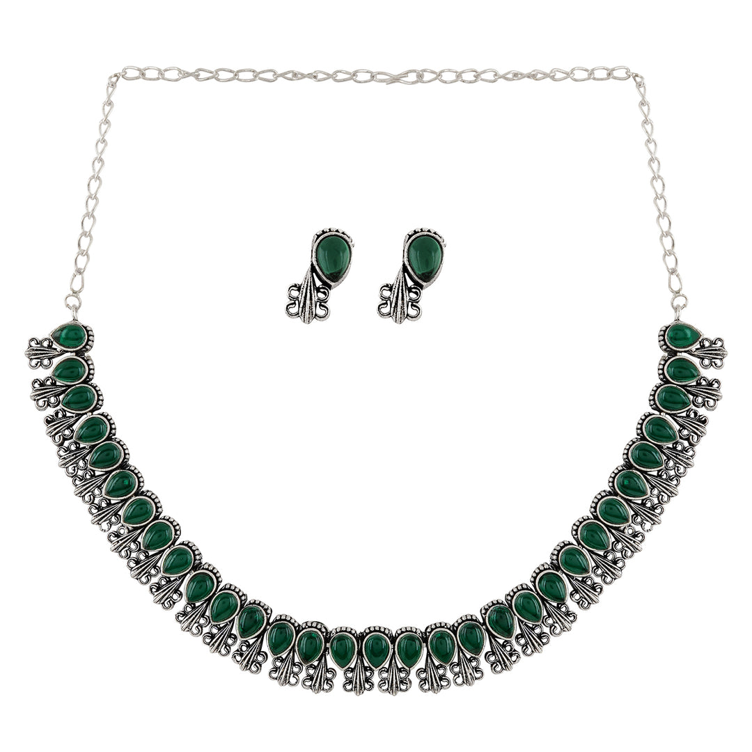 Teejh Silver Green Blossom Necklace Set