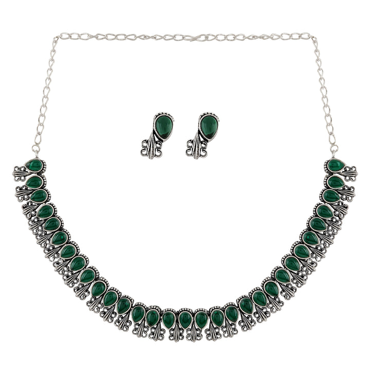 Teejh Silver Green Blossom Necklace Set