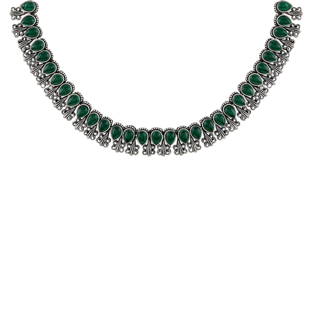 Teejh Silver Green Blossom Necklace Set