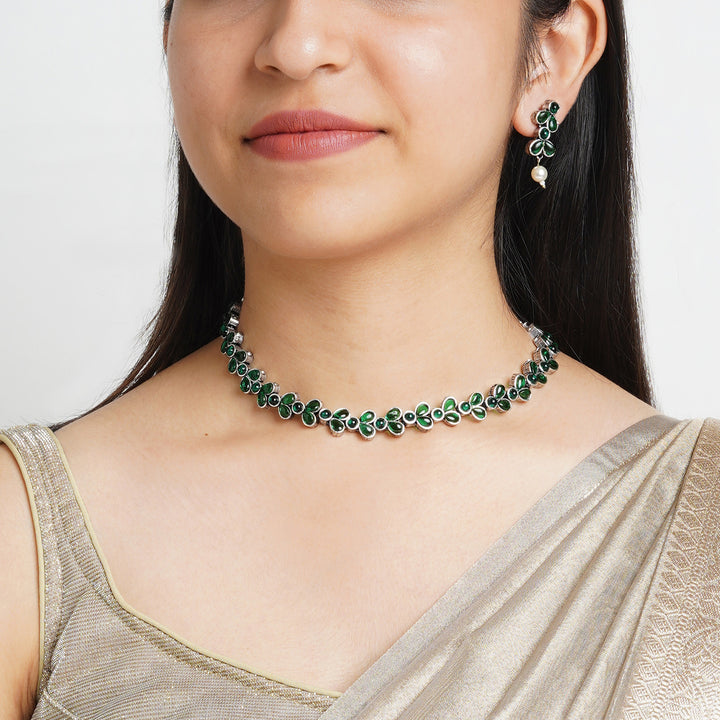Teejh Silver and Green Petal Fusion Necklace set