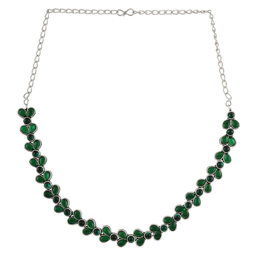 Teejh Silver and Green Petal Fusion Necklace set