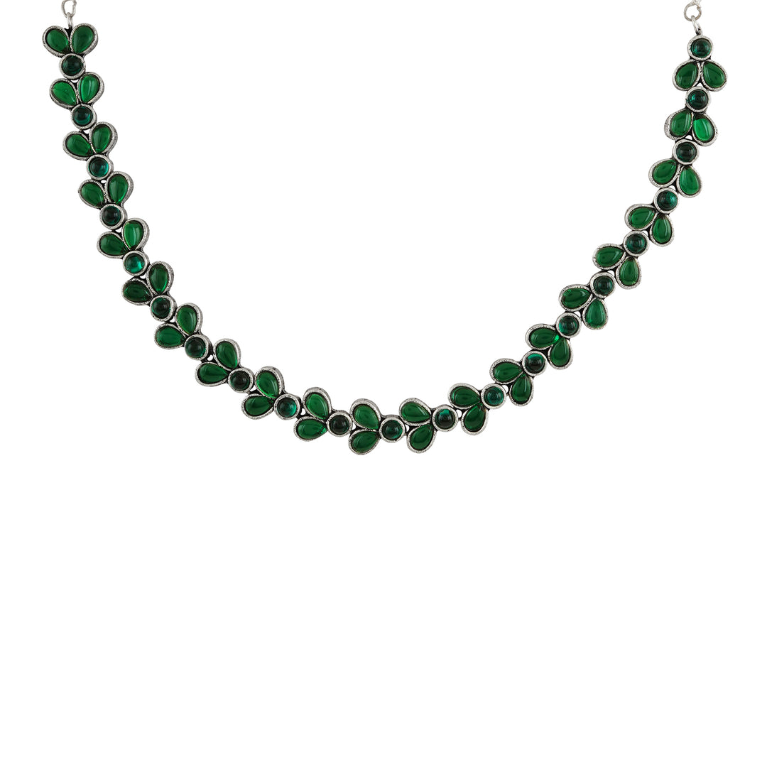 Teejh Silver and Green Petal Fusion Necklace set