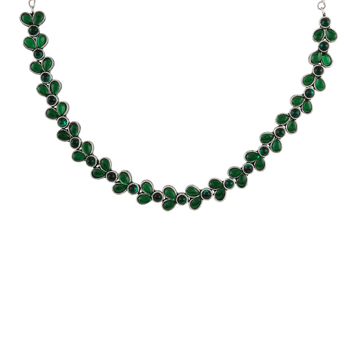 Teejh Silver and Green Petal Fusion Necklace set
