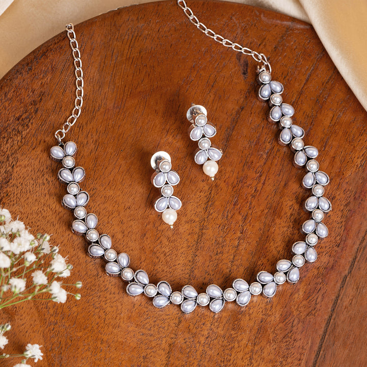 Chaand Silver Oxidised Pearl Necklace Set