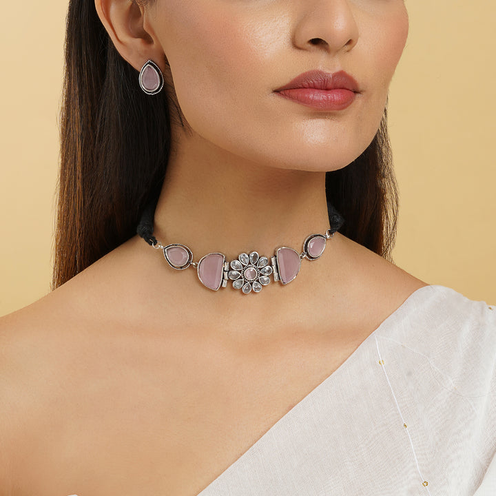 Teejh Silver and Pink Medow Necklace Set