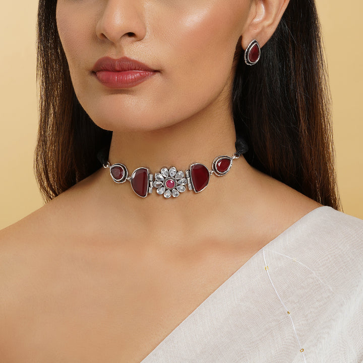 Teejh Silver and Red Medow Necklace Set