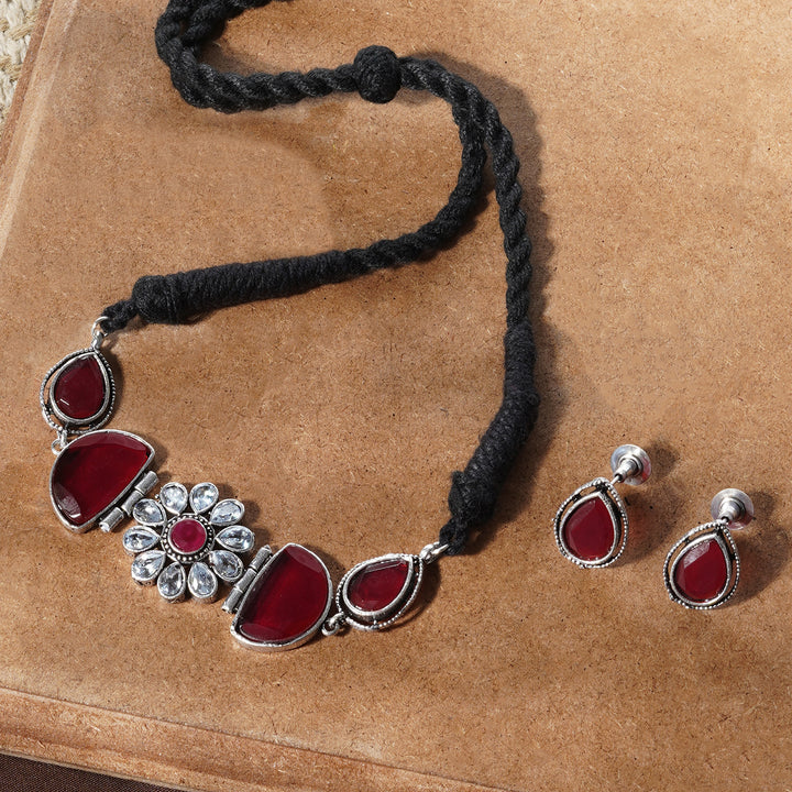 Teejh Silver and Red Medow Necklace Set
