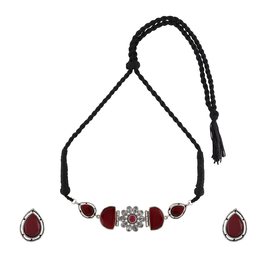 Teejh Silver and Red Medow Necklace Set