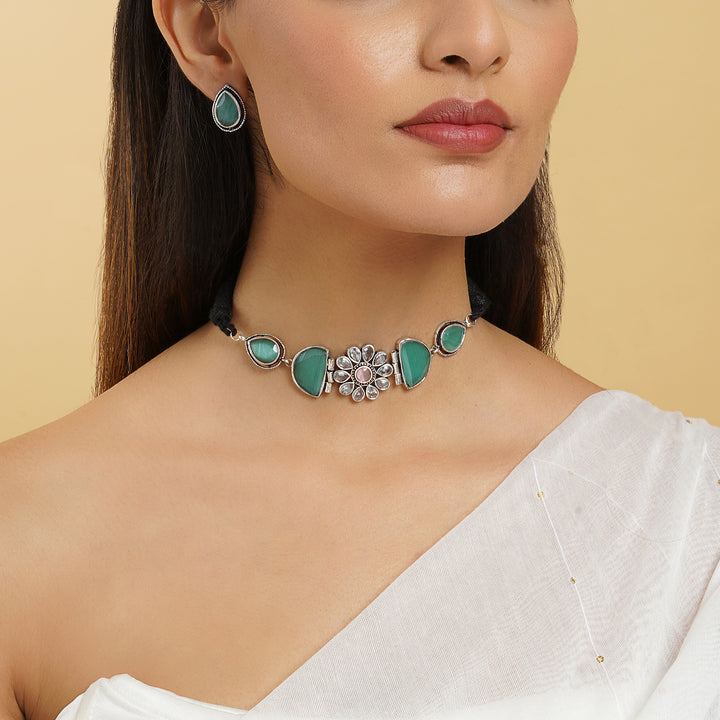 Teejh Silver and Sea Green Medow Necklace Set