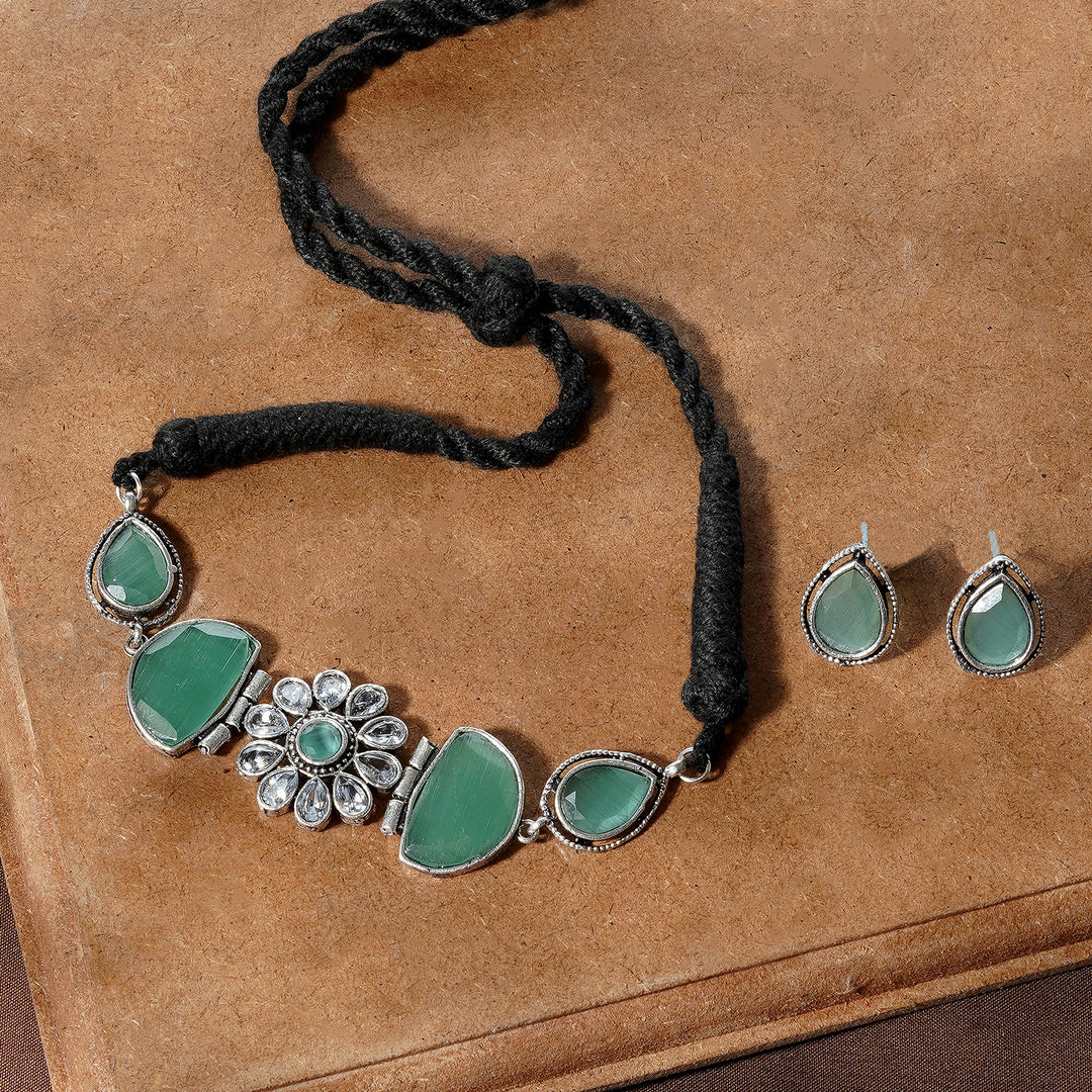 Teejh Silver and Sea Green Medow Necklace Set