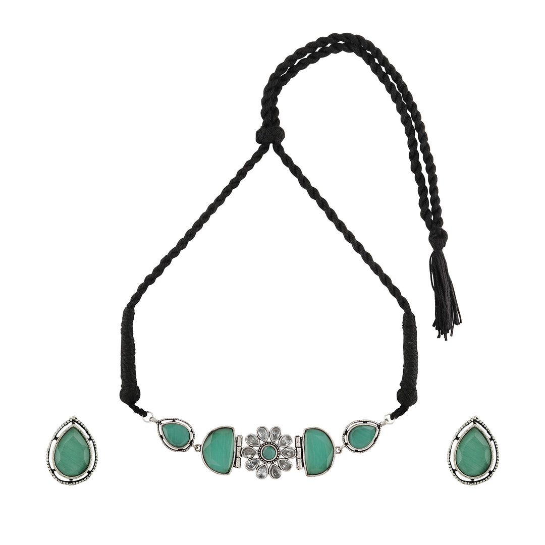 Teejh Silver and Sea Green Medow Necklace Set
