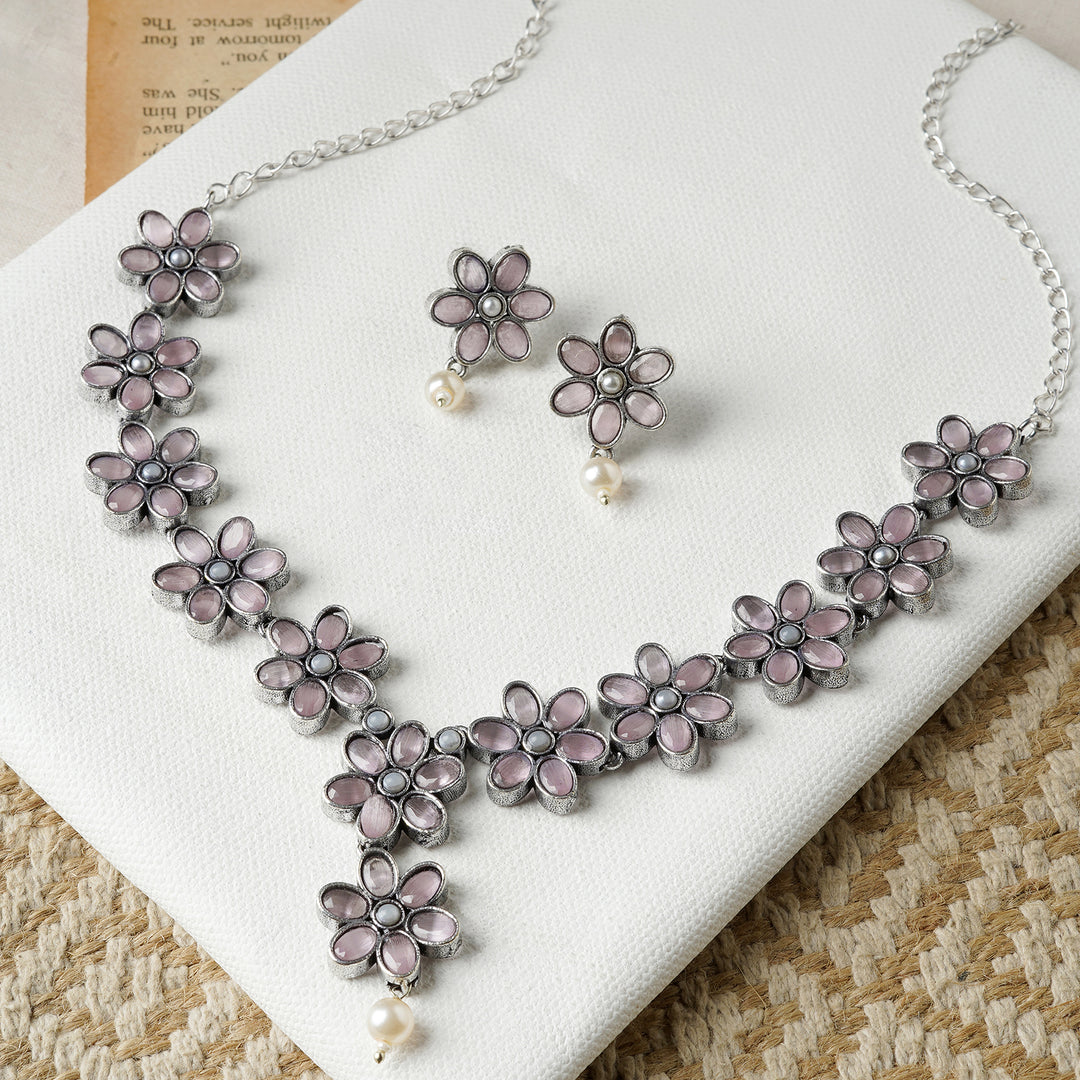 Teejh Silver Pink and Floral Motif Set