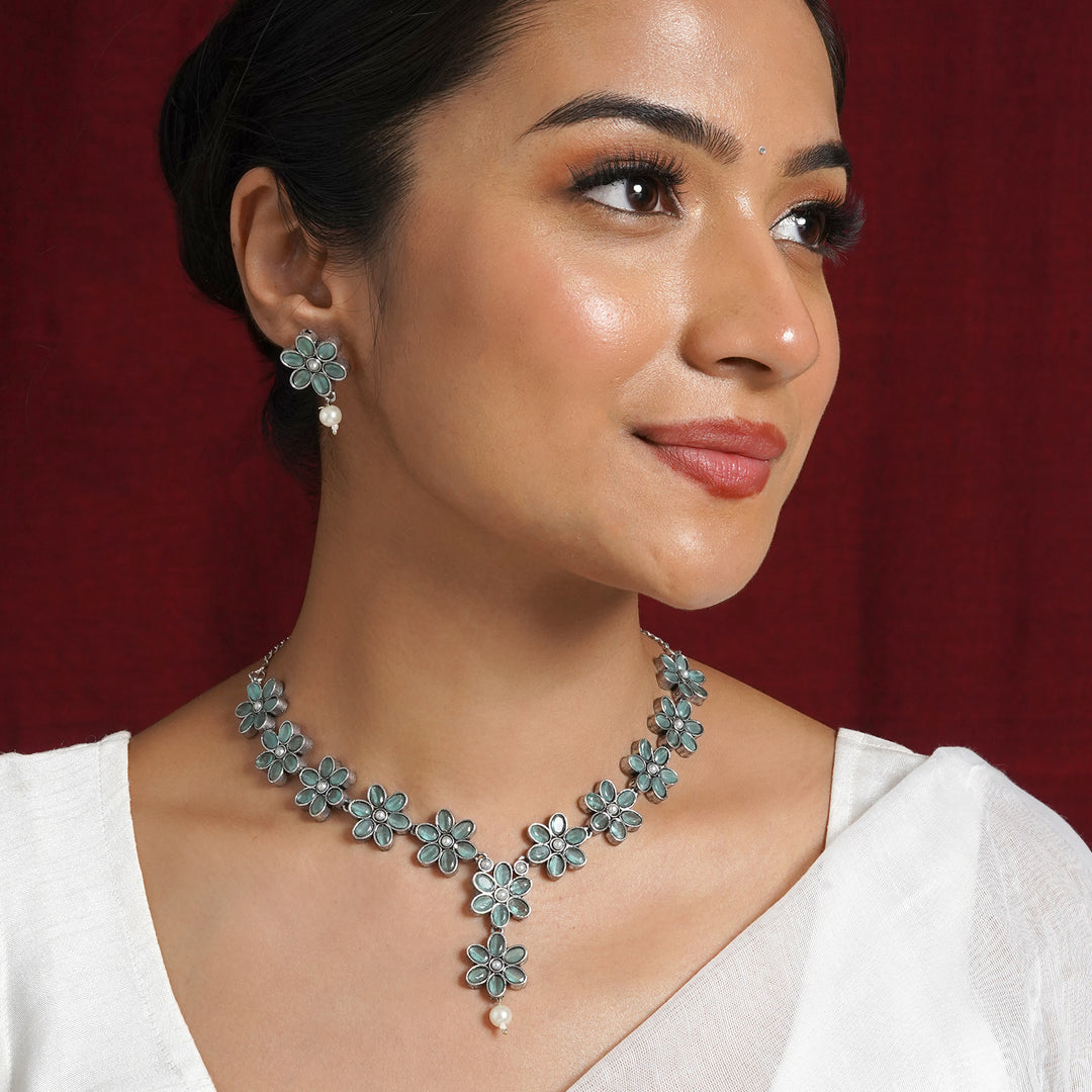 Teejh Silver Sea Green and Floral Motif Set