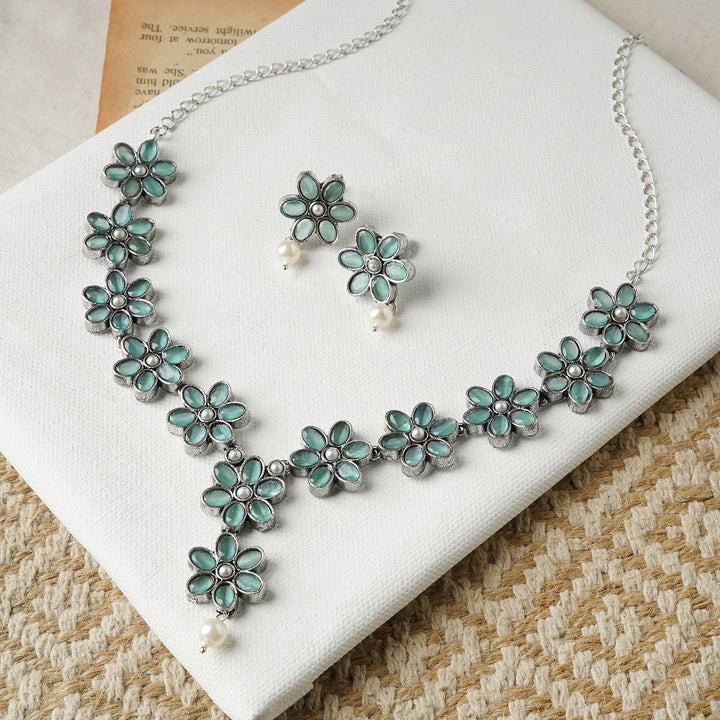 Teejh Silver Sea Green and Floral Motif Set